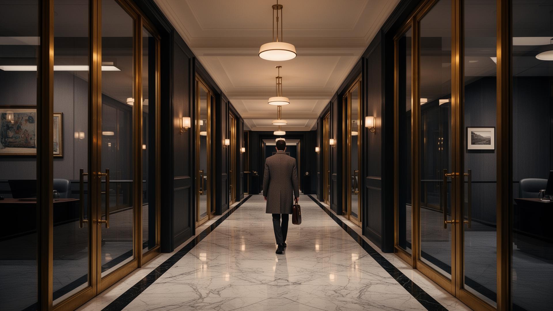 A private banker walking through a marble corridor of brass-framed client offices at dusk